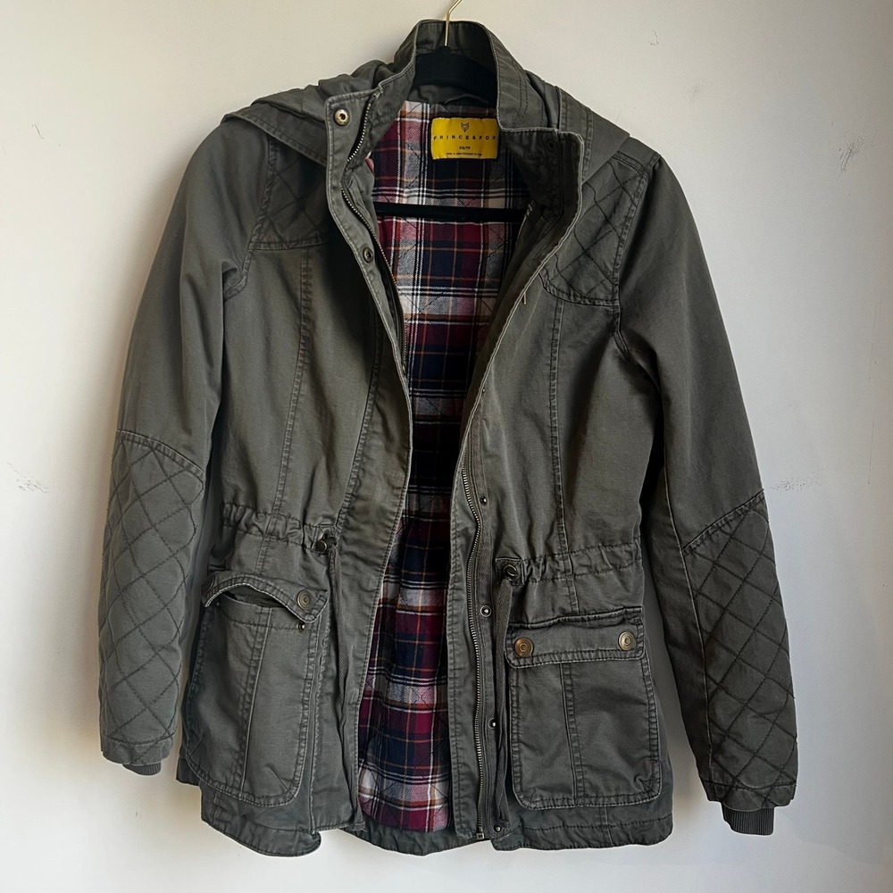 Prince &‎ Fox Olive Green Utility Field Jacket Plaid Lined Hooded XS LXGHCH3